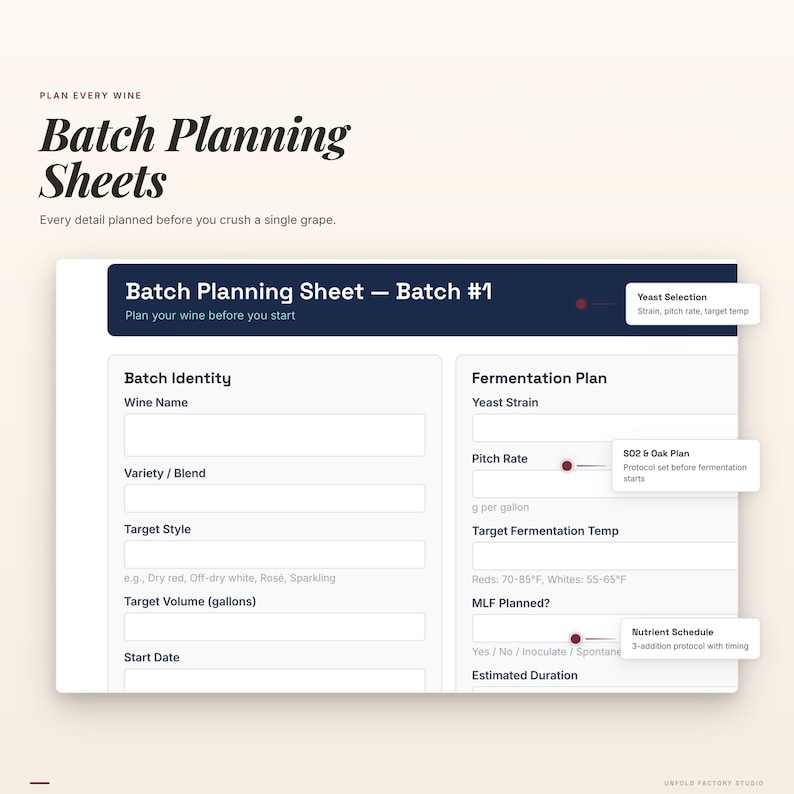 May include: A white and navy blue batch planning sheet for wine making. The sheet includes sections for wine name, variety, target style, and fermentation plan. Text on the sheet includes "Batch Planning Sheets" and "Plan every wine."
