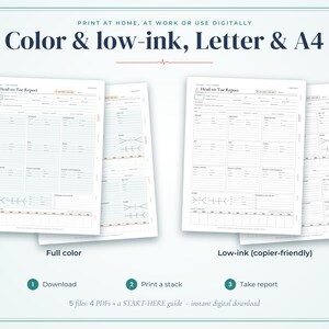 May include: A digital download set featuring a Head-to-Toe Report form in both full color and low-ink versions. The documents are formatted for Letter and A4 paper sizes, including sections for patient data, clinical observations, and assessment notes.