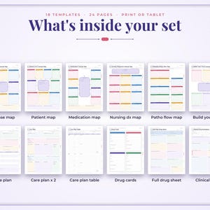 May include: A digital nursing study template set featuring 18 templates and 24 pages for print or tablet. The set includes various medical charts labeled Disease map, Patient map, Medication map, Nursing dx map, Patho flow map, Build your own, Care plan, Care plan x 2, Care plan table, Drug cards, Full drug sheet, and Clinical prep.