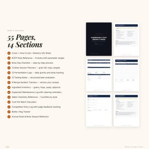 Peut inclure: Un planificateur de brasserie artisanale et de brassage amateur avec 55 pages et 14 sections. La couverture est noire avec du texte blanc. Le planificateur comprend des sections pour la r&eacute;f&eacute;rence de style de bi&egrave;re, les listes de contr&ocirc;le des jours de brassage, les notes de d&eacute;gustation et les trackers de recettes.