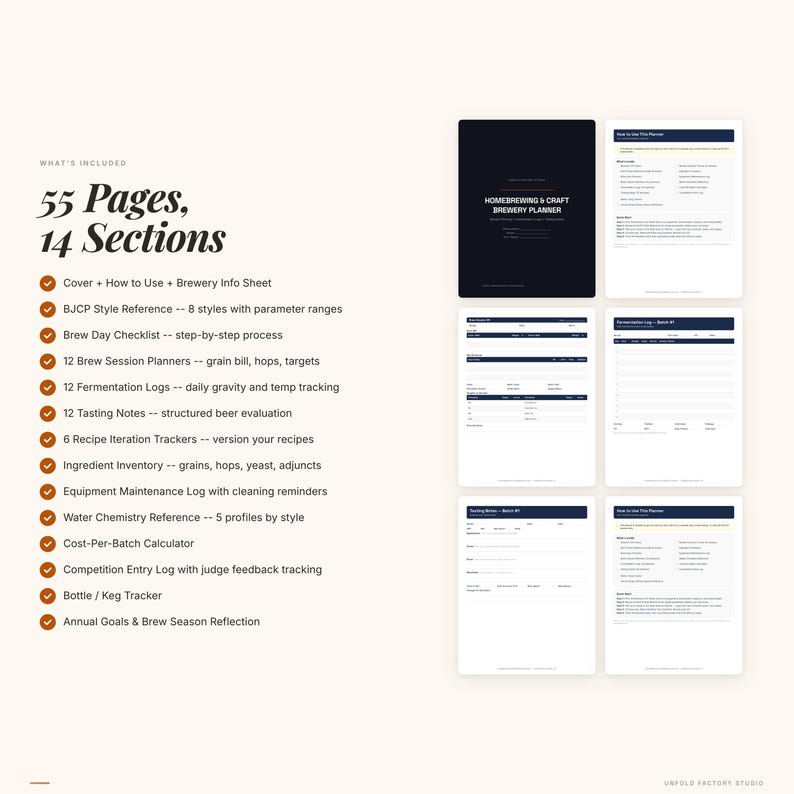 Peut inclure: Un planificateur de brasserie artisanale et de brassage amateur avec 55 pages et 14 sections. La couverture est noire avec du texte blanc. Le planificateur comprend des sections pour la r&eacute;f&eacute;rence de style de bi&egrave;re, les listes de contr&ocirc;le des jours de brassage, les notes de d&eacute;gustation et les trackers de recettes.