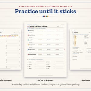 May include: Three educational worksheets titled Word Building, Quizzes & a Separate Answer Key, Practice until it sticks, Build the Word, Define It & Make It Plural, and Suffixes. The pages feature lists, fill-in-the-blank sections, and colored labels.