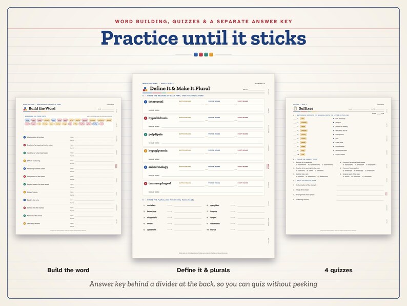 May include: Three educational worksheets titled Word Building, Quizzes & a Separate Answer Key, Practice until it sticks, Build the Word, Define It & Make It Plural, and Suffixes. The pages feature lists, fill-in-the-blank sections, and colored labels.