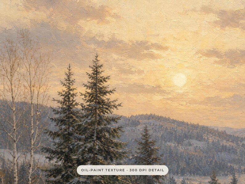 May include: An oil painting depicting a winter landscape at sunset with tall evergreen trees and bare birch trees in the foreground. The sky is a warm golden hue with textured clouds. The text OIL-PAINT TEXTURE 300 DPI DETAIL is visible.