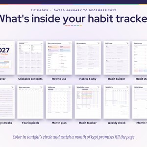 May include: A 117-page 2027 habit tracker planner featuring a cover, clickable contents, how-to guide, habit builder, habit stacking, 100-day streaks, year in pixels, month plan, habit tracker, weekly check, and month review pages.