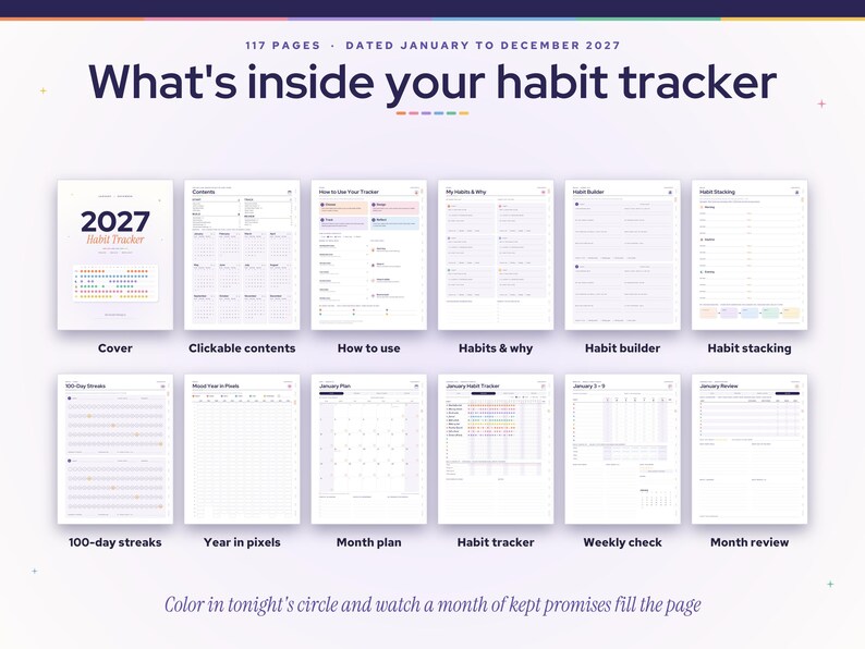 May include: A 117-page 2027 habit tracker planner featuring a cover, clickable contents, how-to guide, habit builder, habit stacking, 100-day streaks, year in pixels, month plan, habit tracker, weekly check, and month review pages.