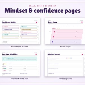 May include: Four printable pages titled Mindset & confidence pages, featuring sections labelled Confidence Builder, Brave Steps, Pre-Meet Mind Plan, and Mindset Journal. Each page includes text prompts, checkboxes, and star icons for tracking personal progress and daily reflections.