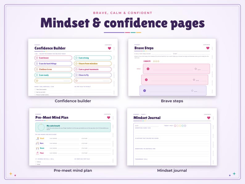 May include: Four printable pages titled Mindset & confidence pages, featuring sections labelled Confidence Builder, Brave Steps, Pre-Meet Mind Plan, and Mindset Journal. Each page includes text prompts, checkboxes, and star icons for tracking personal progress and daily reflections.