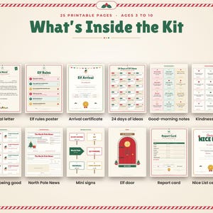May include: A printable kit containing 25 pages for children ages 3 to 10, featuring an arrival letter, elf rules poster, arrival certificate, 24 days of ideas, good-morning notes, kindness cards, caught being good notes, North Pole News, mini signs, an elf door, a report card, and a Nice List certificate.