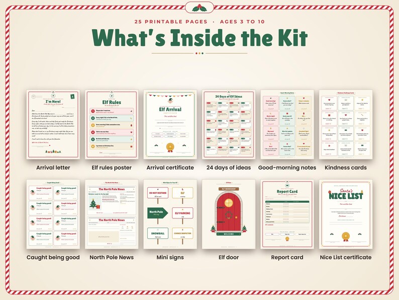 May include: A printable kit containing 25 pages for children ages 3 to 10, featuring an arrival letter, elf rules poster, arrival certificate, 24 days of ideas, good-morning notes, kindness cards, caught being good notes, North Pole News, mini signs, an elf door, a report card, and a Nice List certificate.