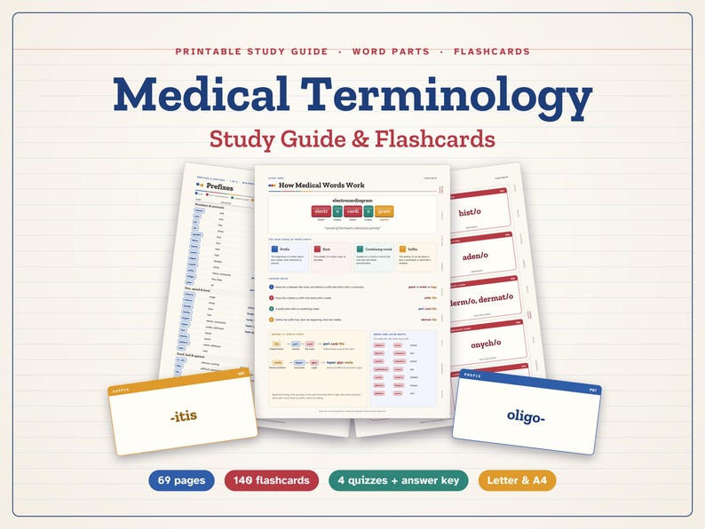 May include: A printable medical terminology study guide and flashcards set featuring 69 pages, 140 flashcards, and 4 quizzes with answer keys. The documents display word parts, prefixes, and medical word structures in A4 and letter sizes.