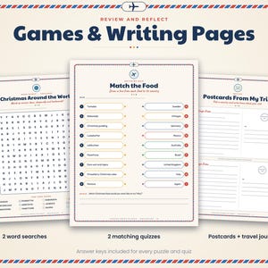 May include: Three printable activity sheets with a red and blue airmail border. The pages feature a Christmas word search, a Match the Food quiz, and postcard templates for a travel journal. The text includes Games & Writing Pages and titles.