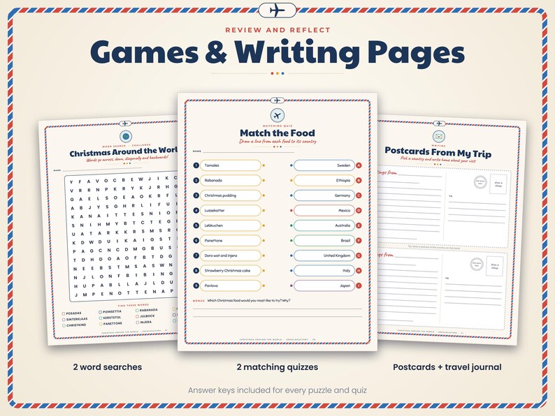 May include: Three printable activity sheets with a red and blue airmail border. The pages feature a Christmas word search, a Match the Food quiz, and postcard templates for a travel journal. The text includes Games & Writing Pages and titles.
