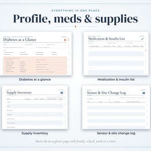 May include: A digital planner layout titled Profile, meds & supplies featuring four distinct pages: Diabetes at a Glance, Medication & Insulin List, Supply Inventory, and Sensor & Site Change Log. Each page includes structured fields for tracking medical data.