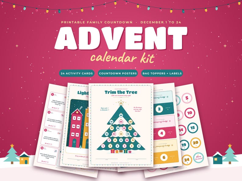 May include: A printable advent calendar kit featuring 24 activity cards, countdown posters, bag toppers, and labels. The central poster displays a Christmas tree graphic with numbered circles from 1 to 24, set against a deep red background.