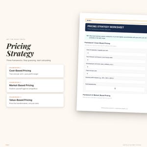 May include: A white worksheet titled "Pricing Strategy Worksheet" with sections for cost-based and market-based pricing. The text includes "Cost-Based Pricing" and "Market-Based Pricing" with instructions. The image also includes the text "Pricing Strategy".