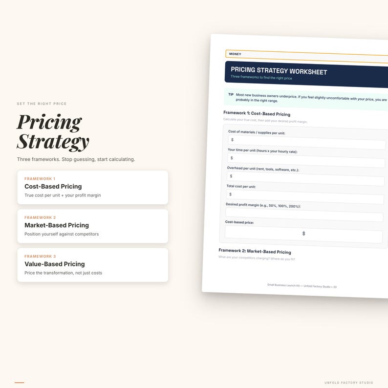 May include: A white worksheet titled "Pricing Strategy Worksheet" with sections for cost-based and market-based pricing. The text includes "Cost-Based Pricing" and "Market-Based Pricing" with instructions. The image also includes the text "Pricing Strategy".