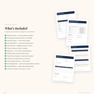 Op de afbeelding: Een verzameling afdrukbare studieplannerpagina's. De pagina's bevatten een semesteroverzicht, een lesrooster, een opdrachttracker, een examenstudieplanner, een cijfercalculator en wekelijkse studielogboeken.