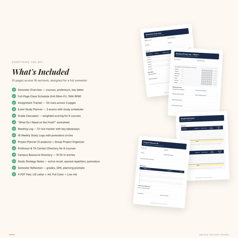 Op de afbeelding: Een verzameling afdrukbare studieplannerpagina's. De pagina's bevatten een semesteroverzicht, een lesrooster, een opdrachttracker, een examenstudieplanner, een cijfercalculator en wekelijkse studielogboeken.