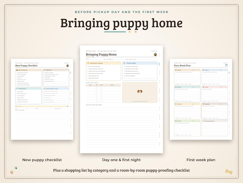 May include: A digital planner set for bringing a puppy home, featuring three pages titled New Puppy Checklist, Bringing Puppy Home, and First Week Plan. The pages include organised sections, checkboxes, and lines for notes, with a puppy icon.