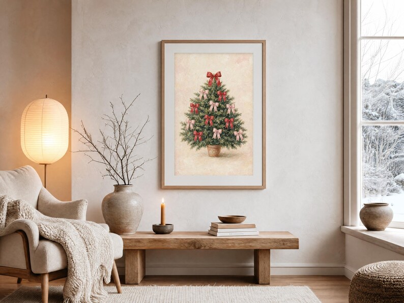 May include: A framed wall art print featuring a green Christmas tree in a pot, decorated with multiple red and light pink bows. The tree is centered on a textured, light beige background, enclosed within a simple light wood frame.