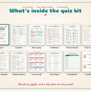 May include: A Christmas trivia quiz kit featuring 40 pages, 120 questions, and 12 rounds. The set includes a cover, contents, how to play, traditions, picture round, true or false, winter animals, winter science, trivia cards, team sheet, scoreboard, and certificates.
