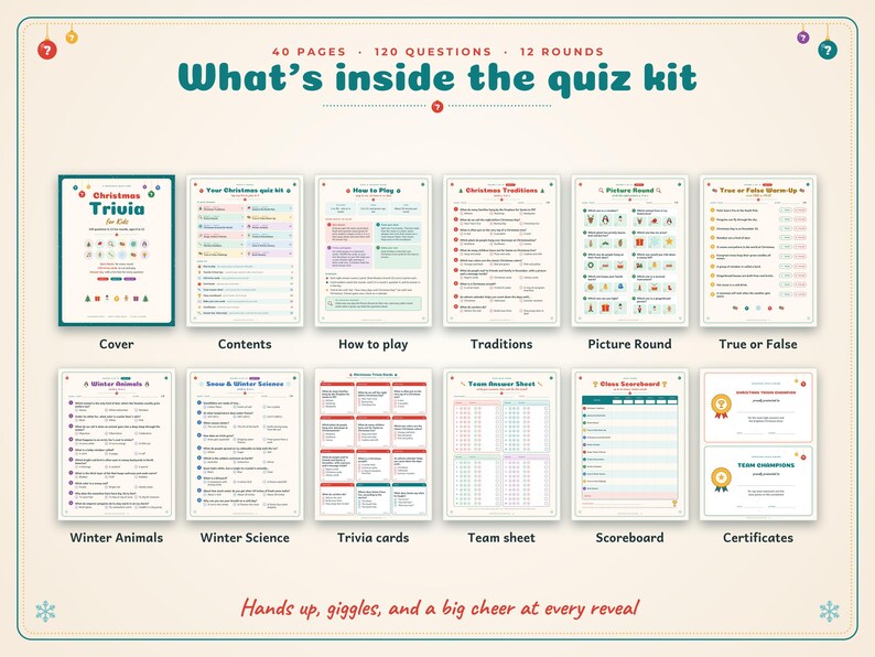 May include: A Christmas trivia quiz kit featuring 40 pages, 120 questions, and 12 rounds. The set includes a cover, contents, how to play, traditions, picture round, true or false, winter animals, winter science, trivia cards, team sheet, scoreboard, and certificates.