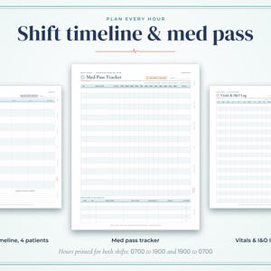 May include: A set of three printable nursing planner pages featuring a Shift Timeline, a Med Pass Tracker, and a Vitals & I&O Log. The documents include headers for patient tracking, hourly schedules, and medication administration records in a clean layout.