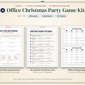 May include: An Office Christmas Party Game Kit featuring a Secret Santa questionnaire, a Christmas Around the World trivia sheet with 40 questions, and two Office Holiday Bingo cards. The kit includes additional gift swap, icebreaker, and award materials.