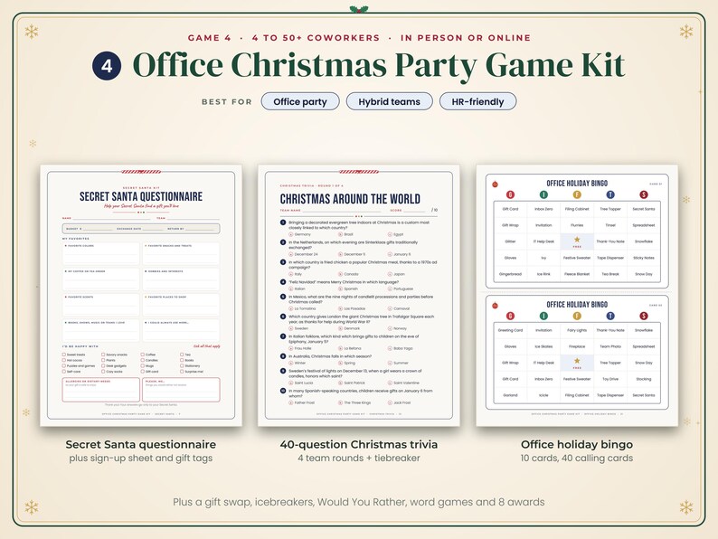 May include: An Office Christmas Party Game Kit featuring a Secret Santa questionnaire, a Christmas Around the World trivia sheet with 40 questions, and two Office Holiday Bingo cards. The kit includes additional gift swap, icebreaker, and award materials.