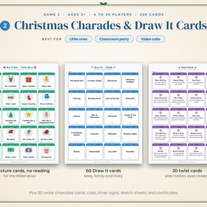 May include: A Christmas Charades & Draw It Cards game set featuring 220 cards for 4 to 30 players, ages 5 and up. Includes 40 picture cards, 60 Draw It cards, and 20 twist cards with instructions, plus 80 additional charades cards, rules, timer signs, sketch sheets, and certificates.
