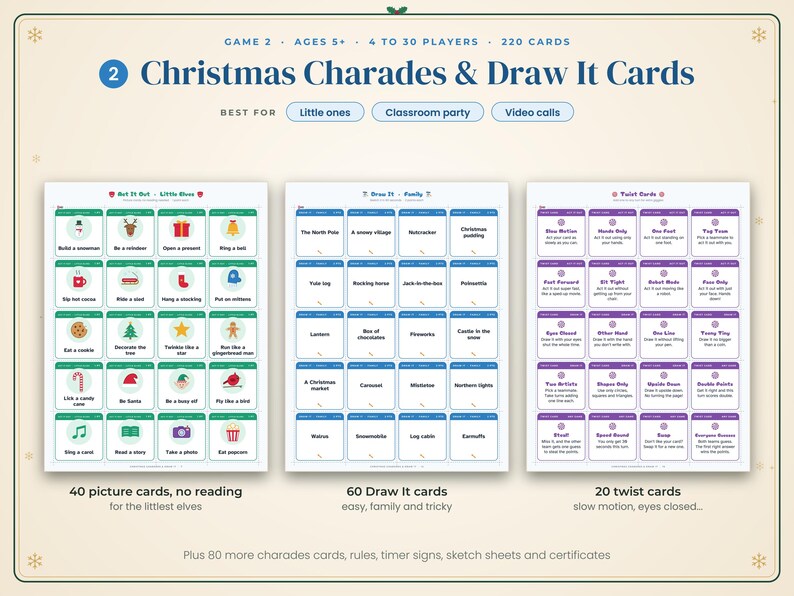 May include: A Christmas Charades & Draw It Cards game set featuring 220 cards for 4 to 30 players, ages 5 and up. Includes 40 picture cards, 60 Draw It cards, and 20 twist cards with instructions, plus 80 additional charades cards, rules, timer signs, sketch sheets, and certificates.