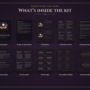 May include: A murder mystery game kit titled Murder at Ravenscroft Manor, featuring a host guide, script, invitations, character intros, character booklets, round slips, 15 clue cards, name tags, accusation ballots, and award certificates for players.