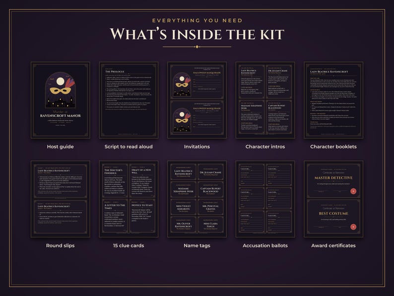 May include: A murder mystery game kit titled Murder at Ravenscroft Manor, featuring a host guide, script, invitations, character intros, character booklets, round slips, 15 clue cards, name tags, accusation ballots, and award certificates for players.