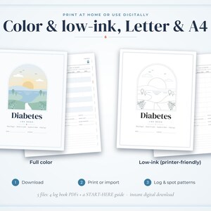 May include: A digital diabetes log book set featuring full-color and low-ink printer-friendly versions. Each page displays an arched landscape illustration with a sun, water, and trees, alongside the text Diabetes Log Book and tracking fields.