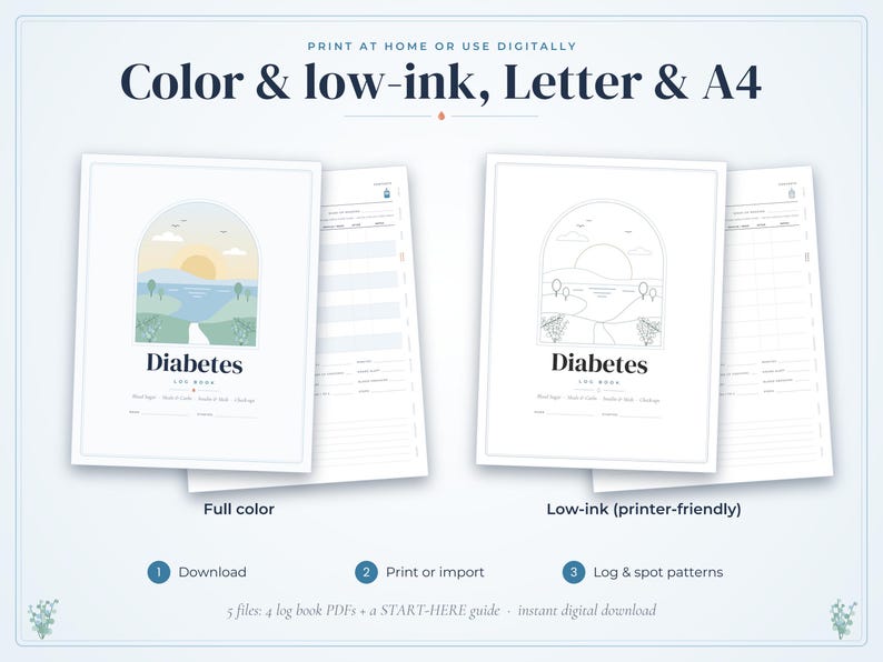 May include: A digital diabetes log book set featuring full-color and low-ink printer-friendly versions. Each page displays an arched landscape illustration with a sun, water, and trees, alongside the text Diabetes Log Book and tracking fields.