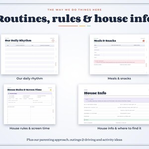 May include: A digital planner set titled The Way We Do Things Here: Routines, rules & house info. It includes four templates: Our Daily Rhythm, Meals & Snacks, House Rules & Screen Time, and House Info & where to find it, with additional sections for parenting approach, outings, driving, and activity ideas.