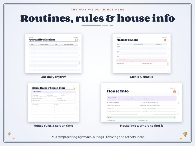 May include: A digital planner set titled The Way We Do Things Here: Routines, rules & house info. It includes four templates: Our Daily Rhythm, Meals & Snacks, House Rules & Screen Time, and House Info & where to find it, with additional sections for parenting approach, outings, driving, and activity ideas.