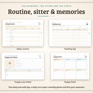 May include: A digital planner set titled Routine, sitter & memories featuring four templates: Daily Routine, Feeding Log, Puppy Care Sheet, and Puppy Firsts. The layout includes sections for tracking pet care, schedules, and milestones with a clean, organised design.