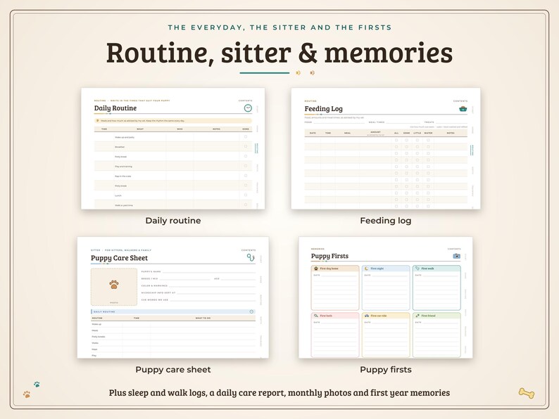 May include: A digital planner set titled Routine, sitter & memories featuring four templates: Daily Routine, Feeding Log, Puppy Care Sheet, and Puppy Firsts. The layout includes sections for tracking pet care, schedules, and milestones with a clean, organised design.