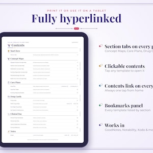 May include: A digital planner template displayed on a tablet screen featuring a contents page with sections for concept maps, care plans, drug cards, and clinical notes. The text includes 'Fully hyperlinked' and 'Print it or use it on a tablet'.