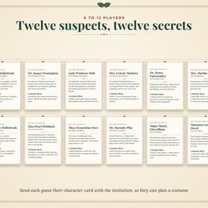 Op de afbeelding: Een spelset met twaalf karakter-uitnodigingskaarten voor 6 tot 12 spelers, getiteld Twelve suspects, twelve secrets. Elke kaart bevat een naam, rol en kostuumidee&euml;n in zwarte tekst op een cr&egrave;mekleurige achtergrond.