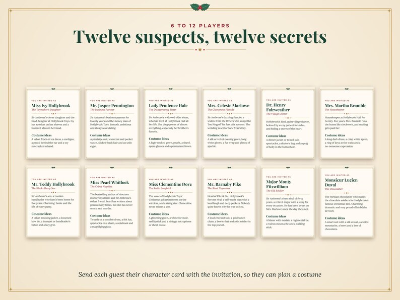 Op de afbeelding: Een spelset met twaalf karakter-uitnodigingskaarten voor 6 tot 12 spelers, getiteld Twelve suspects, twelve secrets. Elke kaart bevat een naam, rol en kostuumidee&euml;n in zwarte tekst op een cr&egrave;mekleurige achtergrond.