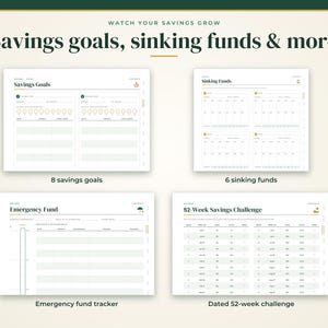 May include: A digital planner layout featuring four distinct financial tracking pages titled Savings Goals, Sinking Funds, Emergency Fund, and 52-Week Savings Challenge. The pages include tables, progress trackers, and columns for dates and amounts.