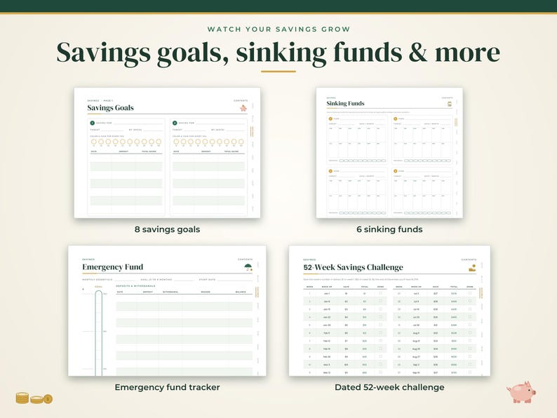 May include: A digital planner layout featuring four distinct financial tracking pages titled Savings Goals, Sinking Funds, Emergency Fund, and 52-Week Savings Challenge. The pages include tables, progress trackers, and columns for dates and amounts.