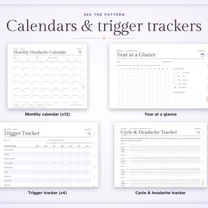 May include: A digital planner set titled Calendars & trigger trackers featuring four white pages: a Monthly Headache Calendar, a Year at a Glance page with a color key, a Trigger Tracker with checkboxes, and a Cycle & Headache Tracker for health logging.