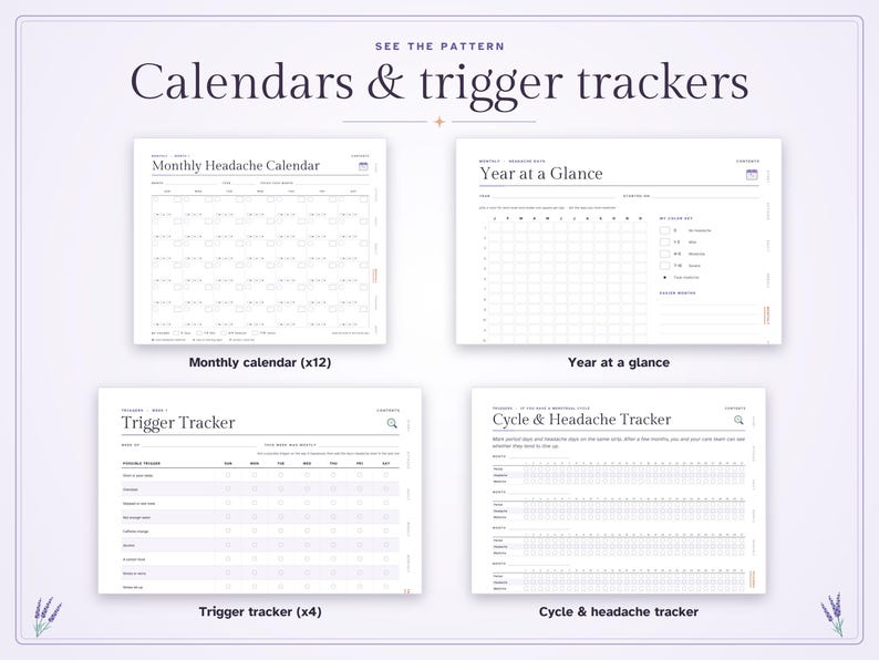 May include: A digital planner set titled Calendars & trigger trackers featuring four white pages: a Monthly Headache Calendar, a Year at a Glance page with a color key, a Trigger Tracker with checkboxes, and a Cycle & Headache Tracker for health logging.