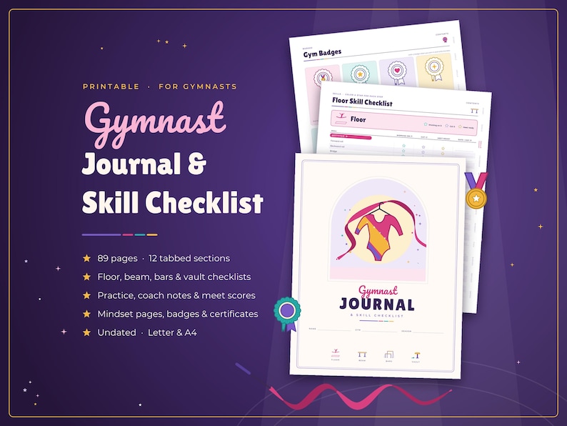 May include: A printable gymnast journal and skill checklist featuring 89 pages, 12 tabbed sections, and checklists for floor, beam, bars, and vault. The cover displays a leotard illustration, and the pages include practice notes and badges.