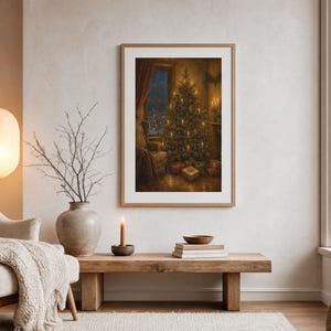 May include: A framed wall art print depicting a cozy, dimly lit room with a decorated Christmas tree, glowing candles, and wrapped gifts. The scene features a window looking out into a dark night, with warm golden light illuminating the interior.