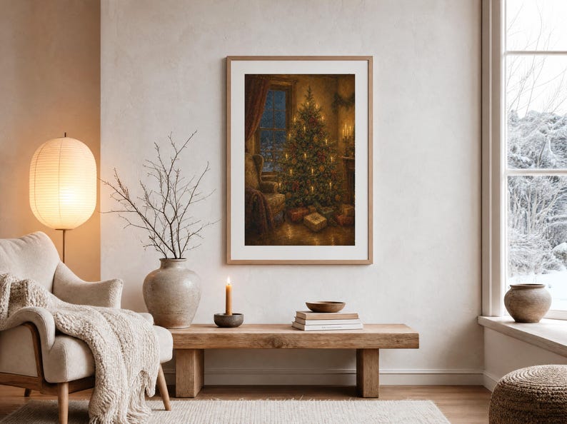 May include: A framed wall art print depicting a cozy, dimly lit room with a decorated Christmas tree, glowing candles, and wrapped gifts. The scene features a window looking out into a dark night, with warm golden light illuminating the interior.